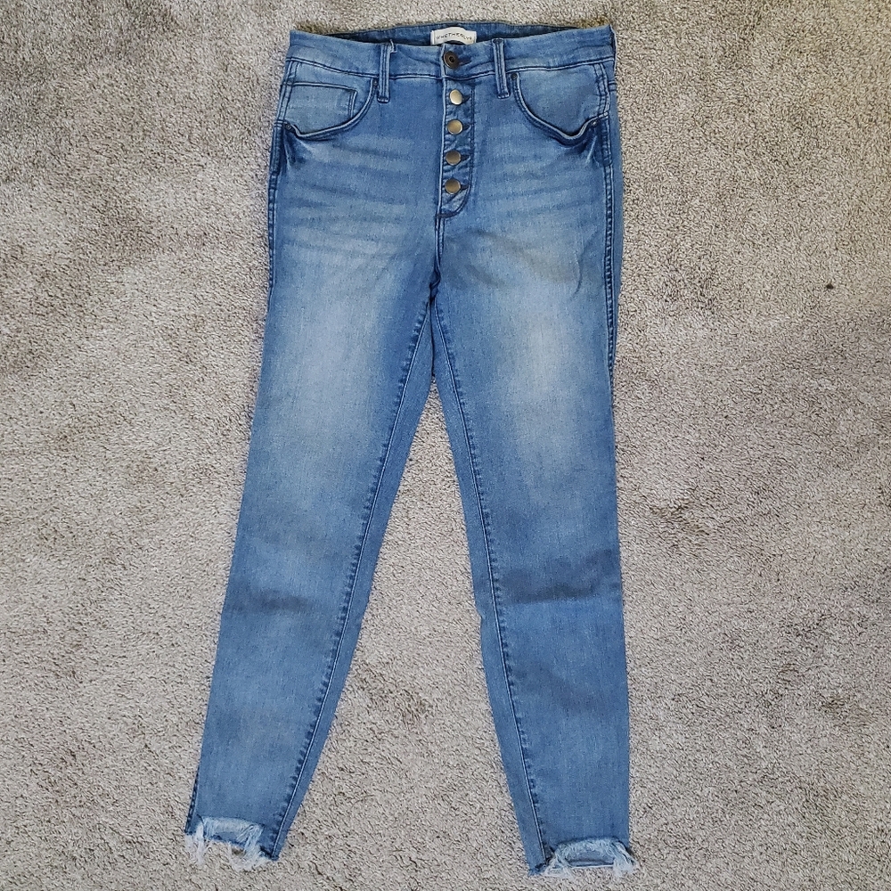 Whetherly Women's Button Fly Skinny Jeans Light Wash Raw Hem Size 28